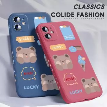 Для iPhone 16 15 14 13 12 Pro Max 13 12 Mini 14 15 16 Plus SE мягкий силиконовый чехол для полной защиты камеры с рисунком милого медведя iPhone 12 темно-синий