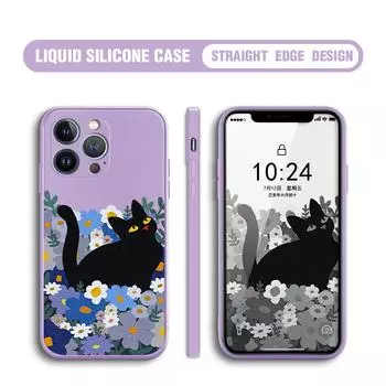 Для iPhone 16 15 14 13 12 Pro Max 13 12 Mini 14 15 16 Plus SE мультяшный черный кот и цветы жидкий силиконовый чехол для защиты линз iPhone SE 2020 чёрный