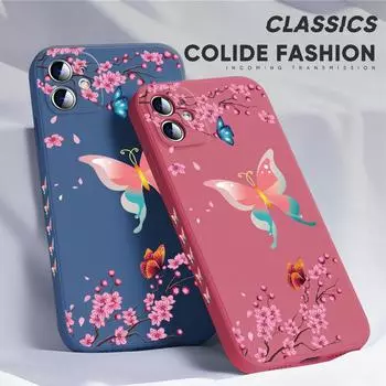 Для iPhone 16 15 14 13 12 Pro Max 13 12 Mini 14 15 16 Plus SE мягкий силиконовый чехол для полной защиты камеры с цветком и бабочкой iPhone 11 светло-зеленый