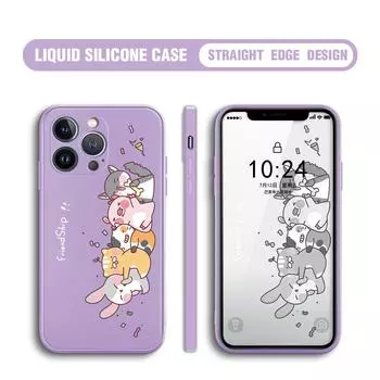Для iPhone 16 15 14 13 12 Pro Max 13 12 Mini 14 15 16 Plus SE Мягкий жидкий силиконовый чехол для защиты линз с изображением дружбы с мультяшными животными iPhone 16 Plus небесно-голубой