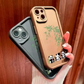 Для iPhone 16 15 14 13 12 11 Pro Max XS Max XR X SE 8 7 милый панда бамбуковый узор мягкий силиконовый полный защитный чехол для телефона iPhone 15 чёрный