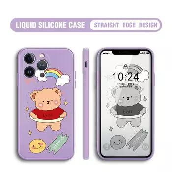 Для iPhone 16 15 14 13 12 Pro Max 13 12 Mini 14 15 16 Plus SE мультяшный милый радужный медведь мягкий жидкий силиконовый защитный чехол для телефона на всю линзу iPhone 12 светло-зеленый