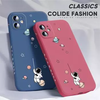 Для iPhone 16 15 14 13 12 Pro Max 13 12 Mini 14 15 16 Plus SE мягкий силиконовый чехол для полной защиты камеры с рисунком астронавта iPhone 14 чёрный