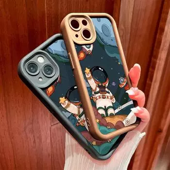 Для iPhone 16 15 14 13 12 11 Pro Max XS Max XR X SE 8 7 Мягкий силиконовый защитный чехол для телефона с изображением астронавта и мультипликационного персонажа iPhone 12 чёрный