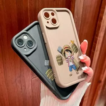 Для iPhone 16 15 14 13 12 11 Pro Max XS Max XR X SE 8 7 Мягкий мультяшный забавный узор Луффи Мягкий силиконовый защитный чехол для всей линзы iPhone 11 Pro Max коричневый