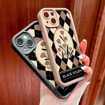 Для iPhone 16 15 14 13 12 11 Pro Max XS Max XR X SE 8 7 мягкий силиконовый винтажный чехол с узором в форме ромба и полностью закрывающий объектив iPhone 14 коричневый