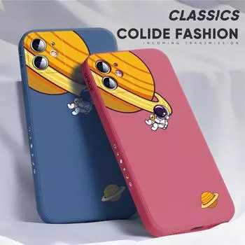 Для iPhone 16 15 14 13 12 Pro Max 13 12 Mini 14 15 16 Plus SE Мультяшный Планета Астронавт Боковой Дизайн Мягкий Полный Защитный Чехол для Объектива iPhone 12 Pro темно-синий