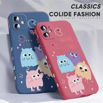 Для iPhone 16 15 14 13 12 Pro Max 13 12 Mini 14 15 16 Plus SE мультяшный монстр семья дизайн узор края мягкий полный объектив защитный чехол iPhone 12 темно-зеленого