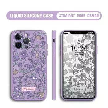 Для iPhone 16 15 14 13 12 Pro Max 13 12 Mini 14 15 16 Plus SE креативный чехол с фиолетовыми цветами из мягкого жидкого силикона для защиты линз iPhone 13 Pro Max серый