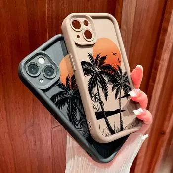 Для iPhone 16 15 14 13 12 11 Pro Max XS Max XR X SE 8 7 Мягкий силиконовый чехол для защиты линз с рисунком кокосовой пальмы и заката iPhone 8 белый