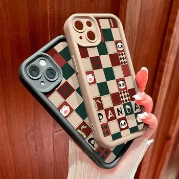 Для iPhone 16 15 14 13 12 11 Pro Max XS Max XR X SE 8 7 мягкий силиконовый чехол с милым узором в виде панды и клетчатой панелью для защиты линз iPhone 16 Pro Max белый