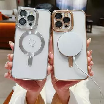 Для iPhone 16 15 14 Pro Max Plus 13 12 Pro Max 11 для Magsafe Magnetic Love Heart Pattern Tpu Защита линз Прозрачный тонкий чехол iPhone 15 чёрный