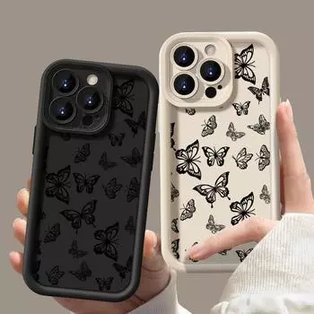 Для iPhone 16 15 14 Pro Max Plus 13 12 11 Pro Max Xr X Xs 8 7 противоударный мягкий защитный чехол для объектива из ТПУ с рисунком бабочки iPhone 15 чёрный