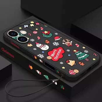 Для iPhone 16 15 Pro 14 8 7 Plus 13 12 Mini 11 Pro Max Xs Xr с рисунком в виде рождественского мультфильма, противоударный, с ремешком, мягкий, тонкий, защитный чехол для объектива из ТПУ iPhone 16 чёрный