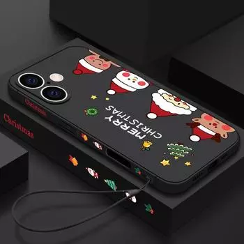 Для iPhone 16 15 Pro 14 8 7 Plus 13 12 Mini 11 Pro Max Xs Xr Мультяшный рождественский принт противоударный с ремешком Tpu мягкий тонкий защитный чехол для объектива iPhone 16 чёрный