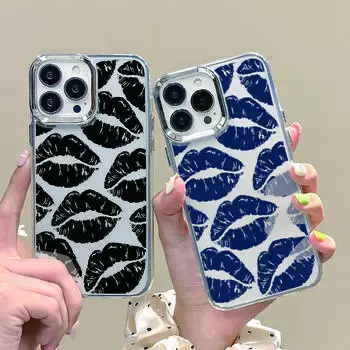 Для iPhone 16 15 Pro Max 14 Plus 13 12 Pro Max 11 ударопрочный прозрачный мягкий TPU с рисунком поцелуя губ с покрытием оправы объектива тонкий чехол iPhone 16 жёлтый