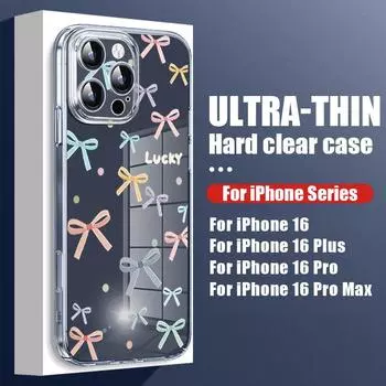 Для iPhone 16 Plus 15 14 Pro 12 13 Pro Max 11 противоударный чехол с бантом из твердого поликарбоната, прозрачный тонкий защитный чехол для телефона iPhone 16