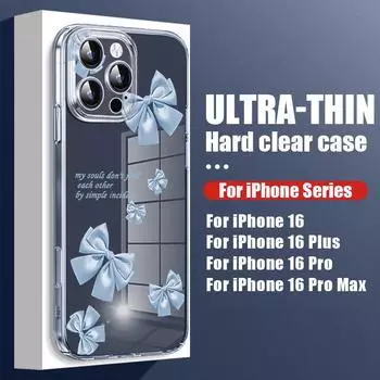 Для iPhone 16 Plus 15 14 Pro 12 13 Pro Max 11 ударопрочный однотонный цветной узор с бантом жесткий ПК прозрачный тонкий защитный чехол для телефона iPhone 16 синий