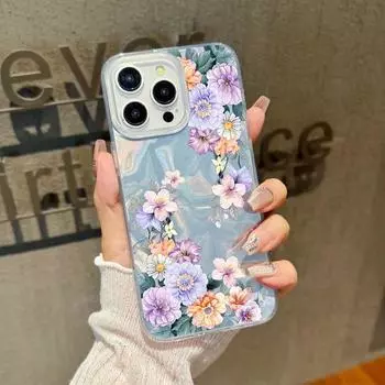 Для iPhone 16 Plus 15 Pro Max 14 Pro 13 12 11 чехол роскошный блестящий цветочный принт глянцевый ударопрочный TPU PC тонкий прозрачный чехол для телефона iPhone 16 фиолетовый