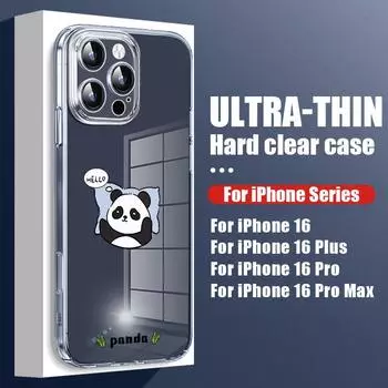 Для iPhone 16 Plus 15 Pro Max 14 13 12 Pro 11 ударопрочный милый мультяшный рисунок панды прозрачный жесткий ПК защита линз тонкий чехол для телефона чехол iPhone 16