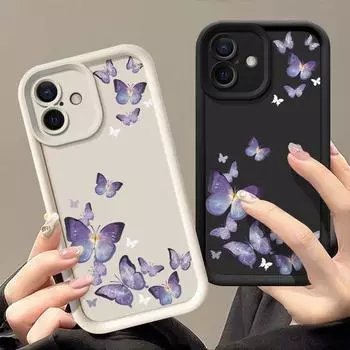 Для iPhone 16 Pro 15 14 Plus 13 12 Pro Max 11 Xs Xr 8 7 фиолетовый узор бабочки противоударный мягкий TPU защита линзы против падения телефона чехол iPhone 16 чёрный