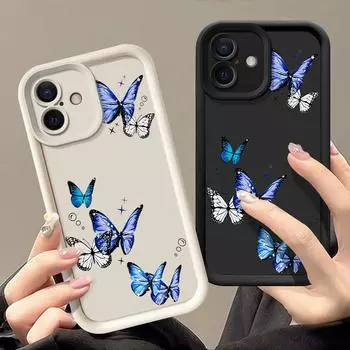 Для iPhone 16 Pro 15 14 Plus 13 12 Pro Max 11 Xs Xr 8 7 синий узор бабочки противоударный мягкий TPU защита линзы против падения телефона чехол iPhone 16 чёрный
