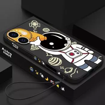 Для iPhone 16 Pro 15 14 Plus 13 12 Mini 11 Pro Max Xr Xs 8 7 Plus противоударный ремешок с принтом астронавта защита объектива тонкий противоударный мягкий чехол из ТПУ iPhone 16 чёрный