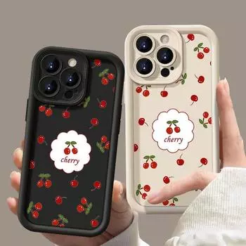 Для iPhone 16 Pro 15 14 Plus 13 12 Pro Max 11 Xs Xr 8 7 Cherry Pattern матовый ударопрочный мягкий TPU защита линз противоударный чехол конфетного цвета iPhone 16 чёрный