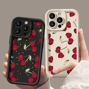 Для iPhone 16 Pro 15 14 Plus 13 12 Pro Max 11 Xs Xr 8 7 Cherry Pattern противоударный мягкий TPU защита линз противоударный матовый чехол для телефона iPhone 16 чёрный