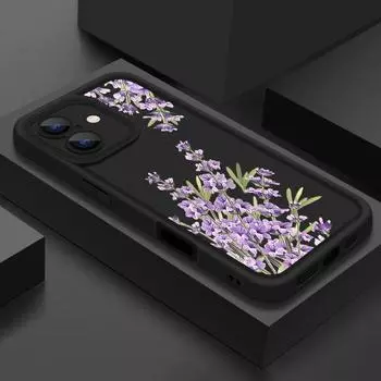 Для iPhone 16 Pro Max 15 14 Pro 13 12 11 XS XR 8 7 чехол с фиолетовым цветочным узором матовый TPU противоударный мягкий силиконовый чехол для телефона iPhone 16E чёрный