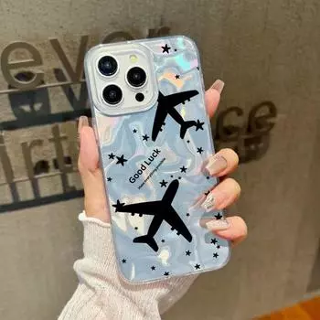 Для iPhone 16 Pro Max 15 14 Pro 13 12 11 чехол с принтом самолета блестящий жесткий ПК тонкий ударопрочный прозрачный ТПУ мягкий край глянцевый чехол для телефона оболочка iPhone 16 чёрный