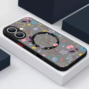 Для iPhone 16 Pro Max 15 14 Plus 13 12 Mini 11 7 8 для Magsafe противоударный цветочный узор мягкие края прозрачный акриловый жесткий чехол iPhone 16 чёрный
