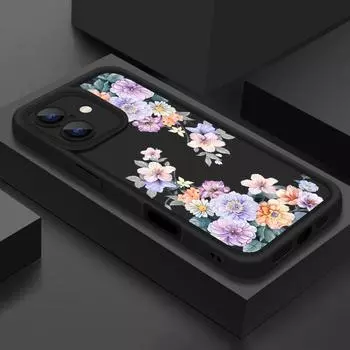 Для iPhone 16 Pro Max 15 Pro 14 Plus 13 12 11 XS 8 7 чехол с цветочным принтом, защита линз, противоударный матовый мягкий чехол для телефона из ТПУ iPhone 16 чёрный