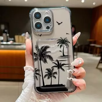 Для iPhone 16 Pro Max 16E 15 14 Pro 13 12 11 чехол с принтом кокосовой пальмы и карманом для карточек, мягкий силиконовый защитный чехол для линз, противоударный прозрачный тонкий чехол для телефона iPhone 16E серый/чёрный