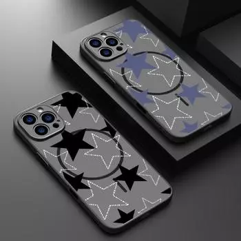Для iPhone 16 Pro Max 16E 15 14 Pro 13 Чехол Звездный узор Матовый Прозрачный Беспроводная зарядка Ударопрочный Мягкий край для MagSafe Магнитный чехол для телефона iPhone 16e чёрный