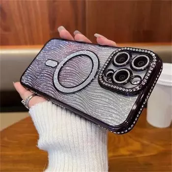 Для iPhone 16 Pro Max Роскошный чехол для телефона с покрытием Flash Magsafe Magnetic Rhinestone для iPhone 11 12 13 14 15 16 Plus Крышка объектива iPhone 11 чёрный