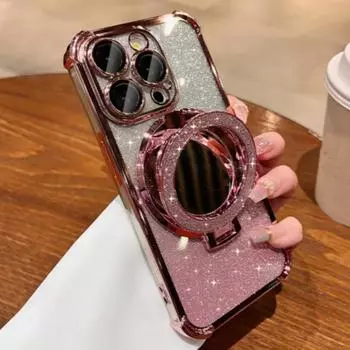 Для iPhone 16 Pro Max Роскошный чехол с рамкой для вспышки и зеркалом, держателем для телефона, защитный чехол для iPhone 11 12 13 14 15 16 Plus iPhone 11 чёрный