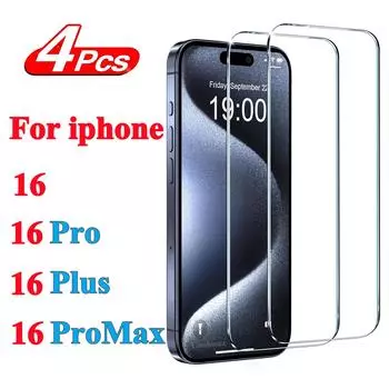 Для iPhone 16 закаленная стеклянная пленка 4 шт. Для iPhone 16Pro Max 16 Plus защитная пленка для экрана iPhone 13 Pro Max чистый