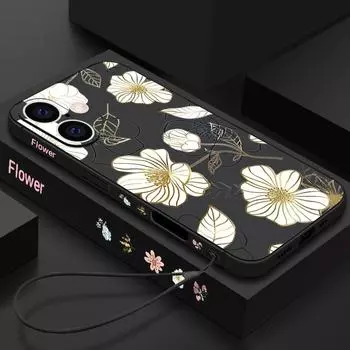 Для iPhone 16E 15 Pro Max 14 Pro 13 12 11 чехол с цветочным узором шнурок TPU мягкая защита линз ударопрочный матовый силиконовый тонкий чехол для телефона iPhone 16E чёрный