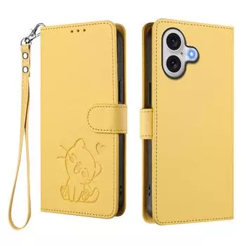 Для iPhone 17 Чехол-кошелек с ремешком на запястье Тиснение узора «Любовь к кошкам» Кожаный чехол для телефона Yellow