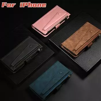 Для iPhone 6 iPhone 7 iPhone 8 iPhone X iPhone 11 12 13 14 15 серии Ретро матовый кожаный кошелек с несколькими картами Противоугонный чехол для телефона с кистью iPhone 7Plus/8Plus розовый