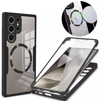 Для Magsafe 360 Полная защита экрана пленочный чехол для Samsung S24 Ultra S23 Plus FE S22 Магнитный прозрачный чехол с беспроводной зарядкой For Galaxy S24 Ultra чёрный