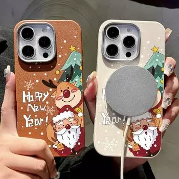 Для Magsafe чехол из магнитной кожи с текстурой для iPhone 16 15 Pro 14 Plus 13 12 Pro Max 11 с новогодним рисунком Санта-Клауса, мягкий тонкий чехол из ТПУ iPhone 16 чёрный