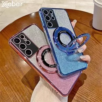 Для Magsafe чехол с магнитным держателем для Samsung Galaxy S24 Ultra S23 Plus S22 Plus S21 FE с роскошным покрытием, вспышкой и блестками, противоударная задняя крышка For Samsung S23FE чёрный