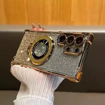 для Magsafe Glitter Bracket Case для Samsung Galaxy S24 Ultra S23 FE S22 Plus Note 20 Stand Holder Gradient plating Bling Cover for Samsung S24