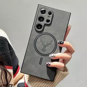 Для Magsafe кожаный чехол с рисунком оленя для Samsung Galaxy S24 Ultra S23 Plus S22 S21 магнитный беспроводной зарядный противоударный чехол For Samsung S24 чёрный