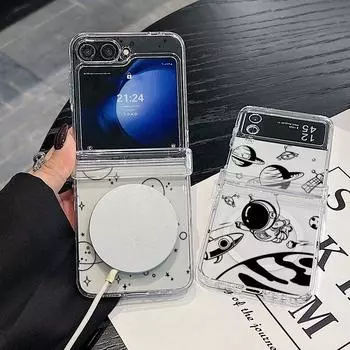 Для Magsafe Magnetic 3PCS Case для Samsung Z Flip6 Flip5 Flip4 Ударопрочный астронавт авиалайнер Pattern Прозрачный ПК Жесткий тонкий чехол для телефона Чехол Samsung Z Flip6