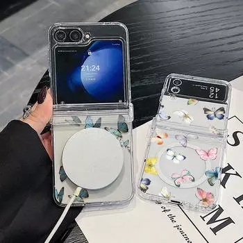 Для Magsafe Magnetic 3PCS Case для Samsung Z Flip6 Flip5 Flip4 красочный узор бабочки ударопрочный прозрачный ПК жесткий тонкий чехол для телефона крышка Samsung Z Flip6