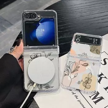 Для Magsafe Magnetic 3PCS Case для Samsung Z Flip6 Flip5 Flip4 Line Flower Pattern противоударный прозрачный ПК жесткий тонкий чехол для телефона чехол Samsung Z Flip6