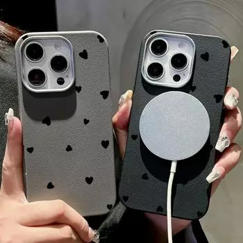Для Magsafe Magnetic Black Love Hearts Матовый чехол для телефона iPhone 16 15 Pro 14 Plus 13 12 Pro Max 11 Противоударный мягкий TPU Тонкий кожаный текстурный чехол iPhone 16 чёрный